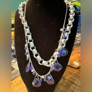 Silver tone cable chain faceted blue glass necklaces